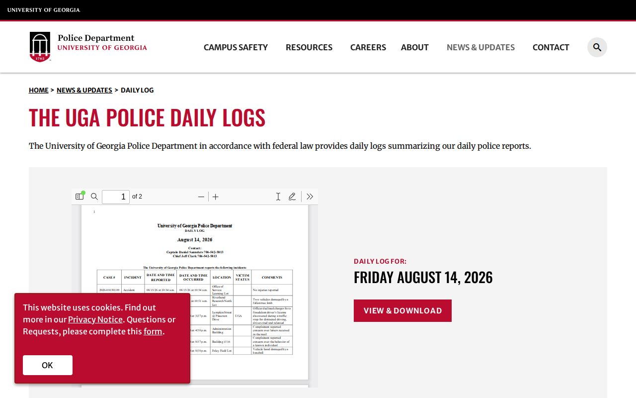 Athens-Clarke County UGA Police daily log for booking and incident records