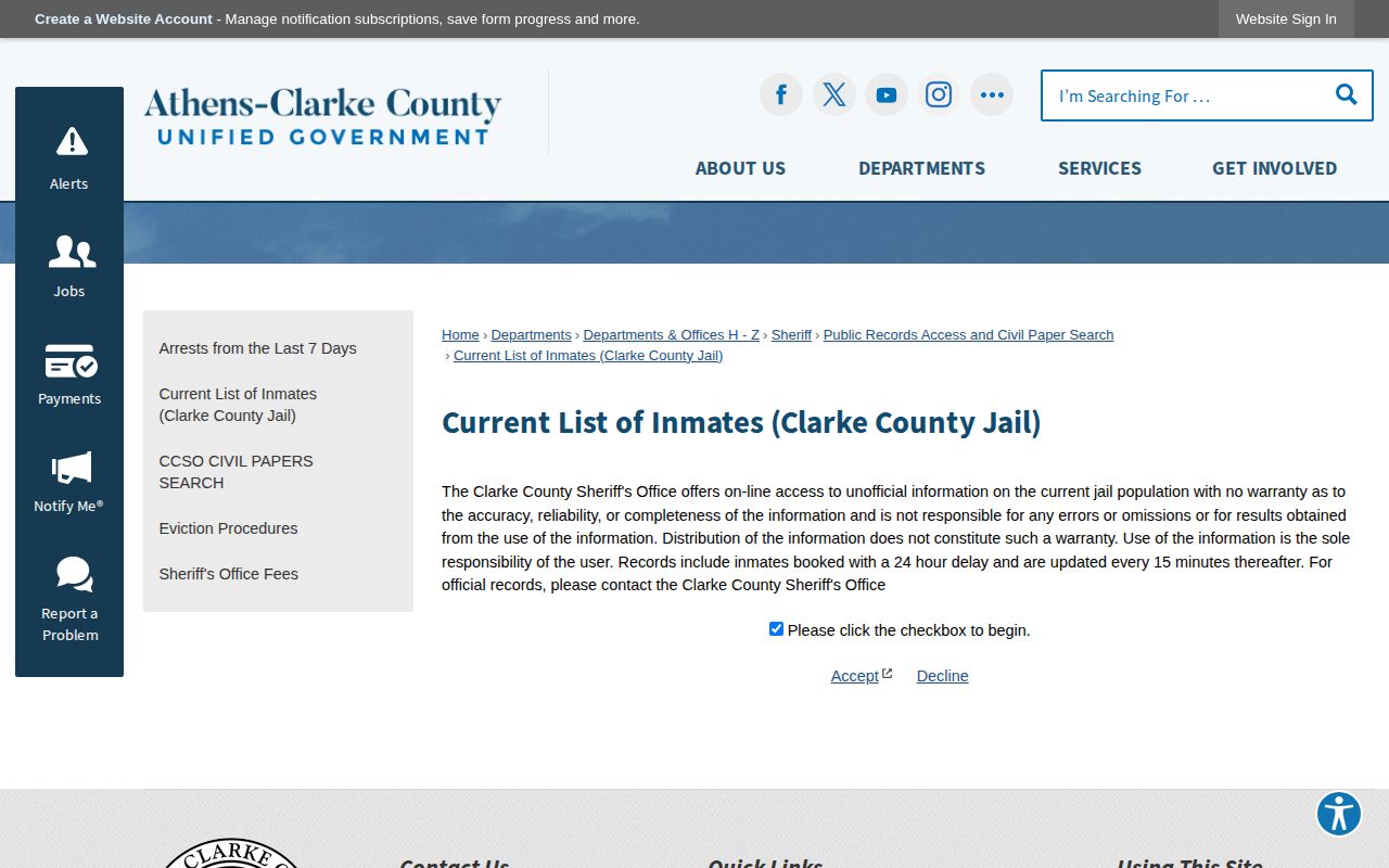 Clarke County current inmate roster instructions for custody records